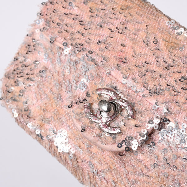 Very Good Condition CHANEL Mini Matelasse 16 S Flap W Chain Shoulder Bag No. 21 Coco Mark Sequin Pink Used 4a000389