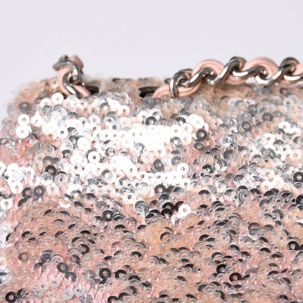Very Good Condition CHANEL Mini Matelasse 16 S Flap W Chain Shoulder Bag No. 21 Coco Mark Sequin Pink Used 4a000389