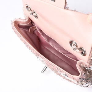 Very Good Condition CHANEL Mini Matelasse 16 S Flap W Chain Shoulder Bag No. 21 Coco Mark Sequin Pink Used 4a000389