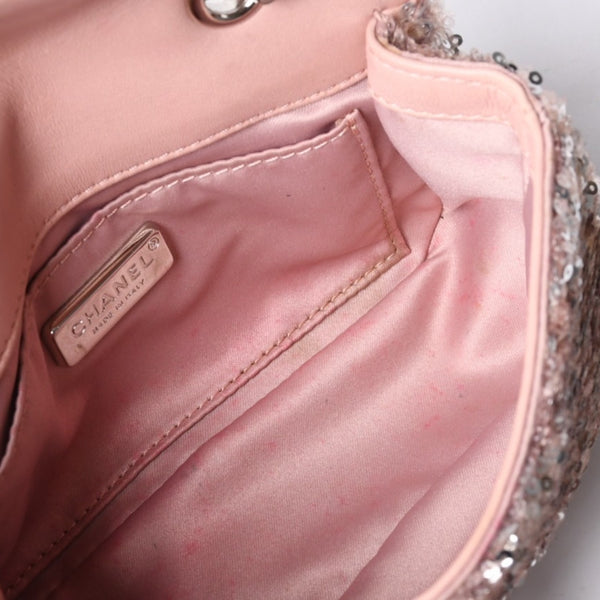 Very Good Condition CHANEL Mini Matelasse 16 S Flap W Chain Shoulder Bag No. 21 Coco Mark Sequin Pink Used 4a000389