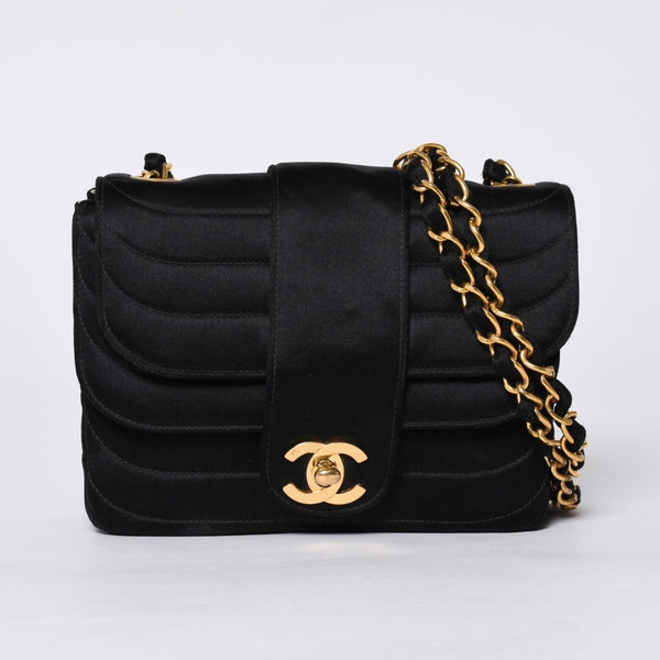 CHANEL シャネル マドモアゼル ミニチェーンショルダーバッグ 2番台 ココマーク サテン ブラック ゴールド金具 美品 中古 4a000510