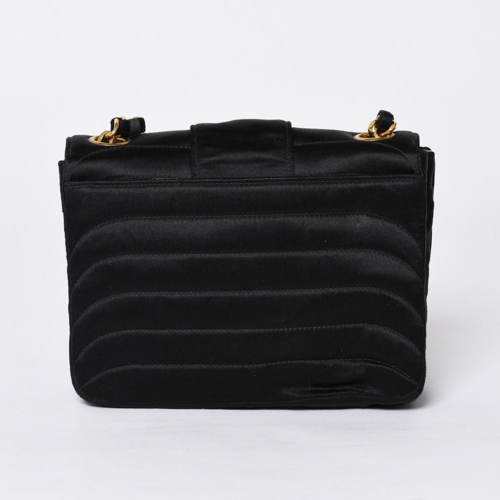 CHANEL Mademoiselle Mini Chain Shoulder Bag No. 2 Coco Mark Satin Black Gold Hardware Good Condition Used 4a000510
