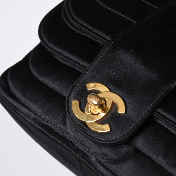 CHANEL シャネル マドモアゼル ミニチェーンショルダーバッグ 2番台 ココマーク サテン ブラック ゴールド金具 美品 中古 4a000510