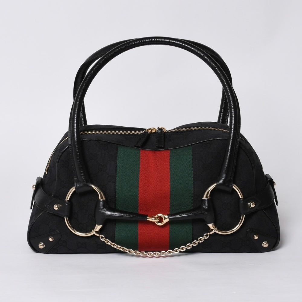 極美品 GUCCI グッチ ホースビット ボストン ハンドバッグ シェリーライン 131092 3444 GGキャンバス ブラック 中古 4a000081