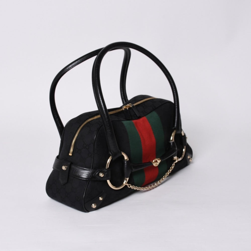 Very Good Condition GUCCI Gucci Horsebit Boston Handbag Sherry Line 131092 3444 GG Canvas Black Used 4a000081