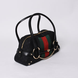 Very Good Condition GUCCI Gucci Horsebit Boston Handbag Sherry Line 131092 3444 GG Canvas Black Used 4a000081