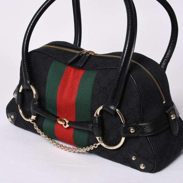 Very Good Condition GUCCI Gucci Horsebit Boston Handbag Sherry Line 131092 3444 GG Canvas Black Used 4a000081