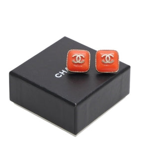 Very good condition CHANEL Chanel earrings here mark square button orange gold A14K earrings square button CC orange A14K GD good condition used 4a000627
