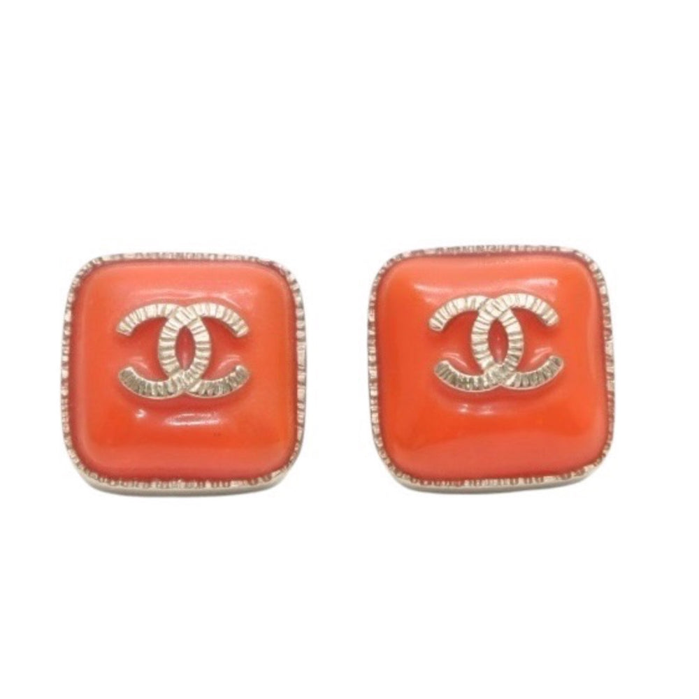 極美品 CHANEL シャネル ピアス ココマーク スクエアボタン オレンジ ゴールド A14K earrings square button CC orange A14K GD 美品 中古 4a000627