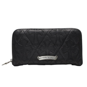 CHROME HEARTS REC F ZIP QUILTED Cemetery Cross Patch Long Wallet Dagger Quilted Black Silver 925 Good Used 4a001520