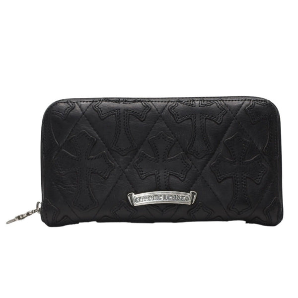 CHROME HEARTS REC F ZIP QUILTED Cemetery Cross Patch Long Wallet Dagger Quilted Black Silver 925 Good Used 4a001520
