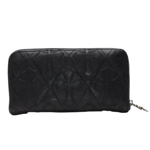 CHROME HEARTS REC F ZIP QUILTED Cemetery Cross Patch Long Wallet Dagger Quilted Black Silver 925 Good Used 4a001520