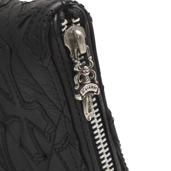 CHROME HEARTS REC F ZIP QUILTED Cemetery Cross Patch Long Wallet Dagger Quilted Black Silver 925 Good Used 4a001520