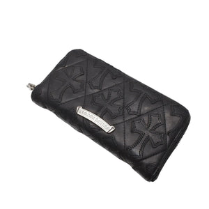 CHROME HEARTS REC F ZIP QUILTED Cemetery Cross Patch Long Wallet Dagger Quilted Black Silver 925 Good Used 4a001520
