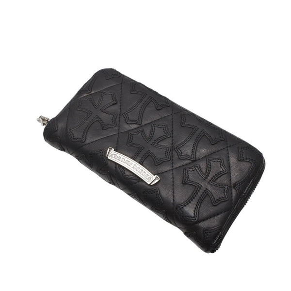 CHROME HEARTS REC F ZIP QUILTED Cemetery Cross Patch Long Wallet Dagger Quilted Black Silver 925 Good Used 4a001520