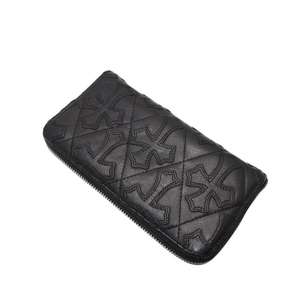 CHROME HEARTS REC F ZIP QUILTED Cemetery Cross Patch Long Wallet Dagger Quilted Black Silver 925 Good Used 4a001520