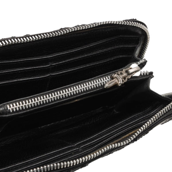 CHROME HEARTS REC F ZIP QUILTED Cemetery Cross Patch Long Wallet Dagger Quilted Black Silver 925 Good Used 4a001520