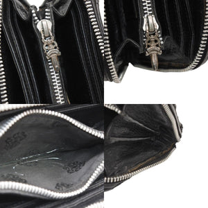 CHROME HEARTS REC F ZIP QUILTED Cemetery Cross Patch Long Wallet Dagger Quilted Black Silver 925 Good Used 4a001520