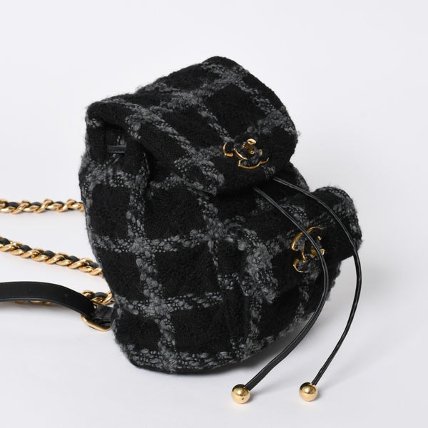 極美品 CHANEL シャネル ツイード デュマ リュック バックパック AS3615 ランダム番台 ココマーク ブラック グレー 中古 4a006717