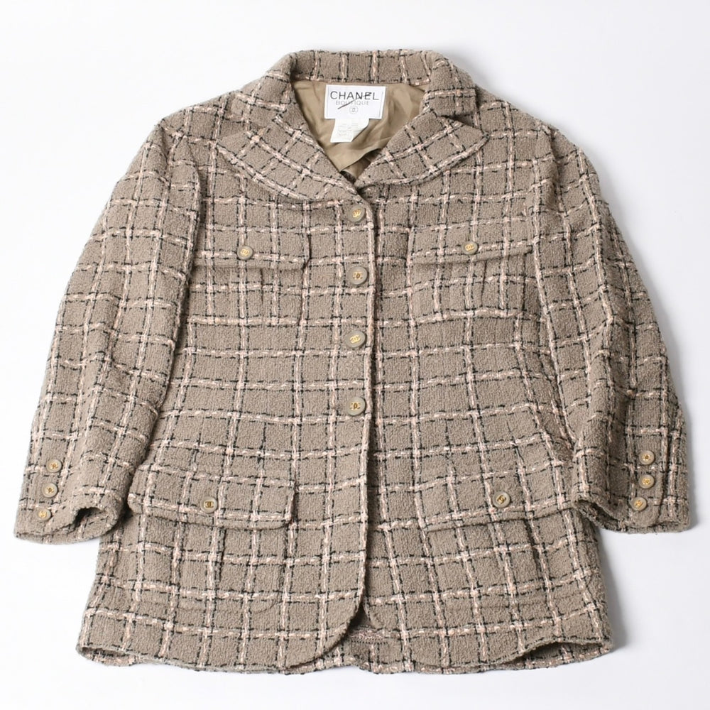CHANEL Tweed Tailored Jacket PO5934W02262 Size 36, Coco Mark, wool, khaki, pink, black, excellent condition, pre-owned. 4a000888