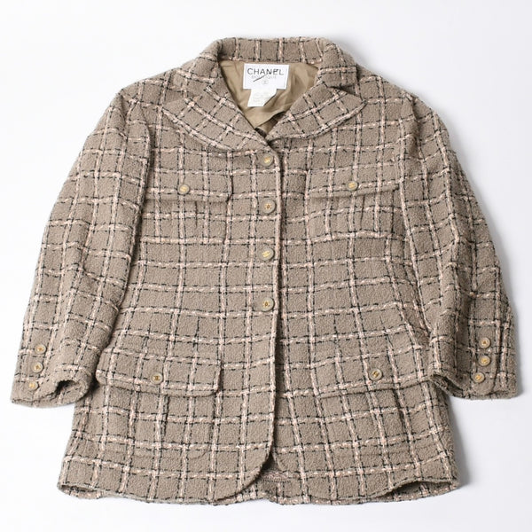 CHANEL Tweed Tailored Jacket PO5934W02262 Size 36, Coco Mark, wool, khaki, pink, black, excellent condition, pre-owned. 4a000888