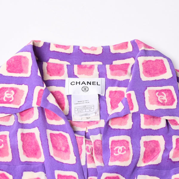 極美品 CHANEL シャネル ジップアップ 長袖シルクシャツ P17253V09794 サイズ36 ココマーク ココキューブ パープル 中古 4a000891