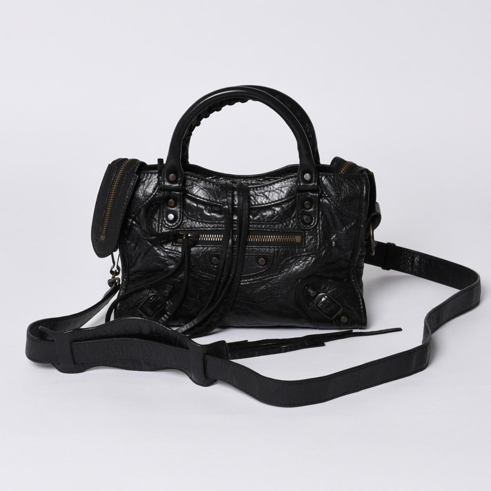 極美品 BALENCIAGA バレンシアガ クラシック ミニ シティ 2WAY ショルダーバッグ 300295 ロゴ ブラック ブロンズ金具 中古 4a001226