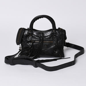 Very Good Condition BALENCIAGA Classic Mini City 2WAY Shoulder Bag 300295 Logo Black Bronze Hardware Used 4a001226