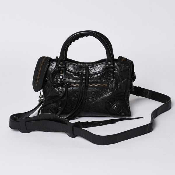 Very Good Condition BALENCIAGA Classic Mini City 2WAY Shoulder Bag 300295 Logo Black Bronze Hardware Used 4a001226