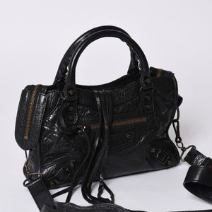 Very Good Condition BALENCIAGA Classic Mini City 2WAY Shoulder Bag 300295 Logo Black Bronze Hardware Used 4a001226