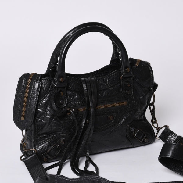 Very Good Condition BALENCIAGA Classic Mini City 2WAY Shoulder Bag 300295 Logo Black Bronze Hardware Used 4a001226
