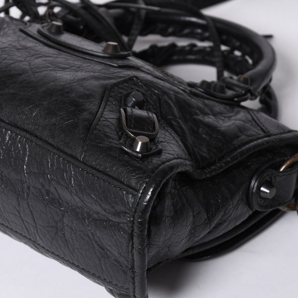 Very Good Condition BALENCIAGA Classic Mini City 2WAY Shoulder Bag 300295 Logo Black Bronze Hardware Used 4a001226