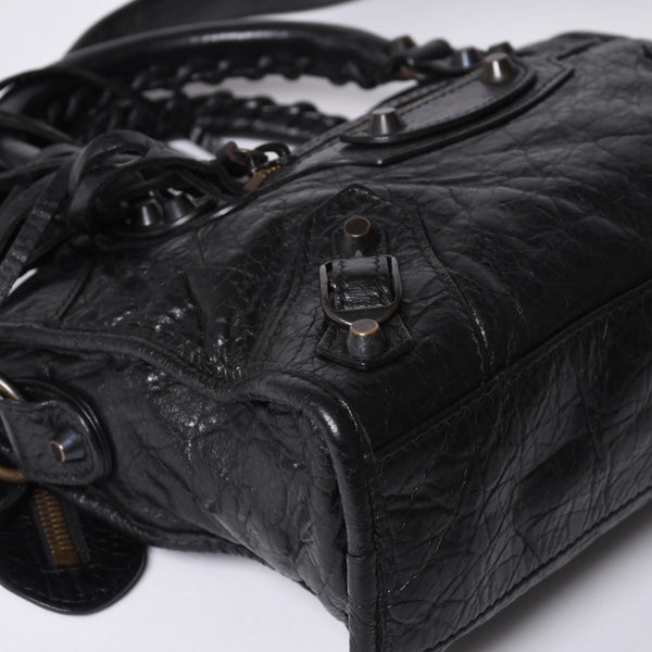 Very Good Condition BALENCIAGA Classic Mini City 2WAY Shoulder Bag 300295 Logo Black Bronze Hardware Used 4a001226