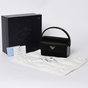 新品未使用 PRADA プラダ ハンドバッグ B6782 トライアングルロゴ 三角ロゴ レザー レーヨン シルク ブラック シルバー金具 中古 4a000424