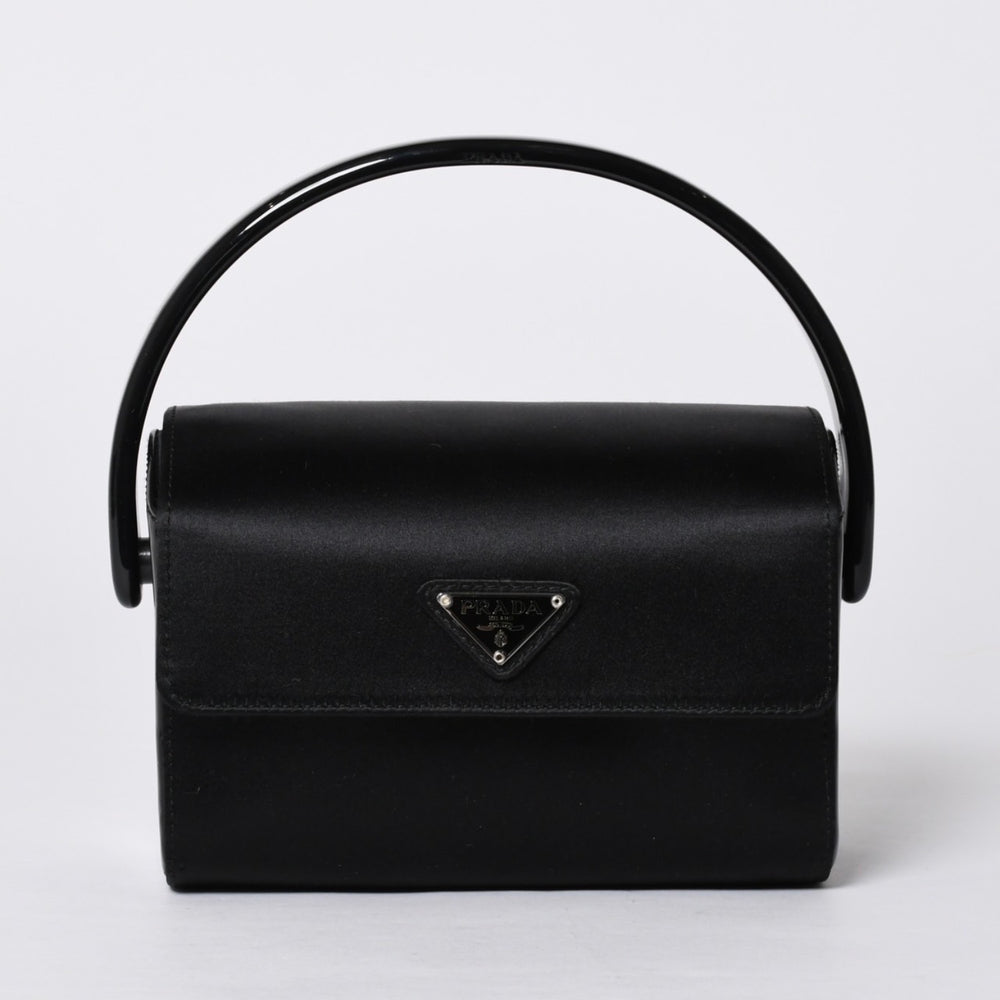 新品未使用 PRADA プラダ ハンドバッグ B6782 トライアングルロゴ 三角ロゴ レザー レーヨン シルク ブラック シルバー金具 中古 4a000424
