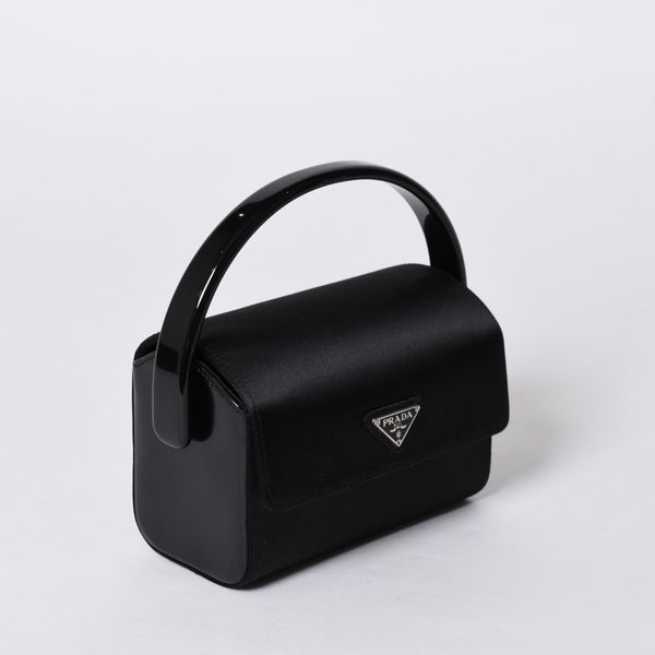 新品未使用 PRADA プラダ ハンドバッグ B6782 トライアングルロゴ 三角ロゴ レザー レーヨン シルク ブラック シルバー金具 中古 4a000424