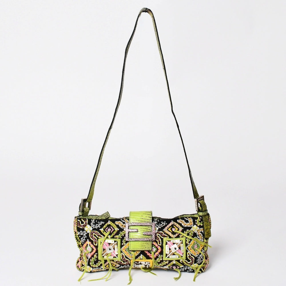 極美品 FENDI フェンディ マンマバケット ワンショルダーバッグ グリーン ビーズ レザー シルバー金具 中古 4a000735
