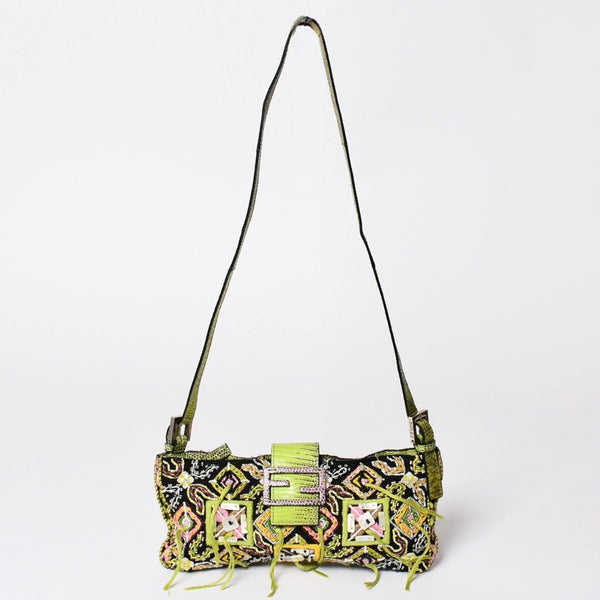 Very good condition FENDI Mamma bucket one shoulder bag green beads leather silver metal fittings used 4a000735