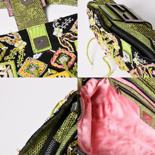Very good condition FENDI Mamma bucket one shoulder bag green beads leather silver metal fittings used 4a000735