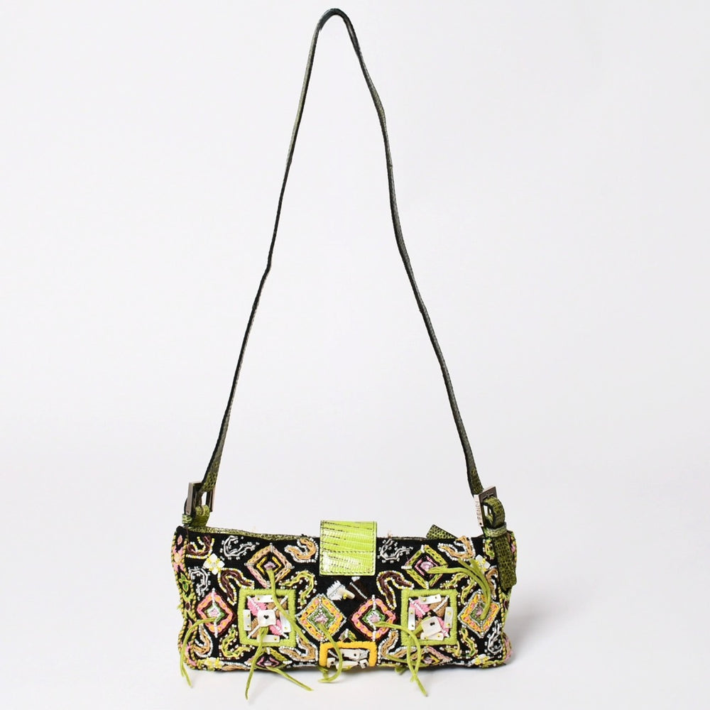 極美品 FENDI フェンディ マンマバケット ワンショルダーバッグ グリーン ビーズ レザー シルバー金具 中古 4a000735