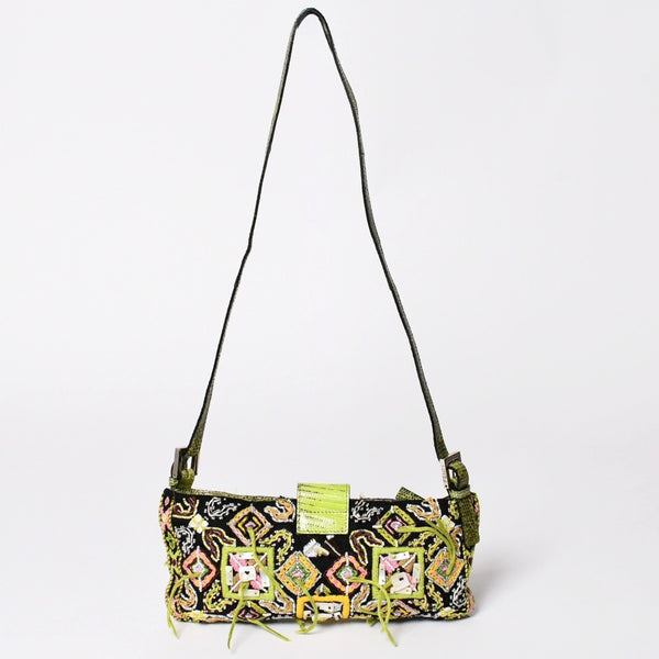 Very good condition FENDI Mamma bucket one shoulder bag green beads leather silver metal fittings used 4a000735
