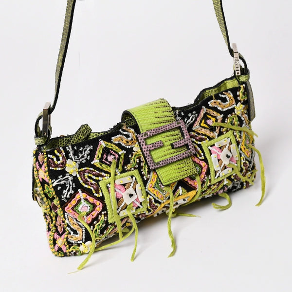 Very good condition FENDI Mamma bucket one shoulder bag green beads leather silver metal fittings used 4a000735