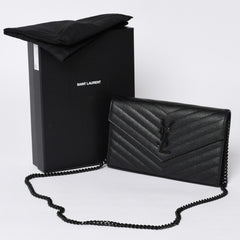 新品未使用 SAINT LAURENT PARIS サンローランパリ カサンドラ エンベロープ チェーンウォレット 377828 グレインドプードルレザー 中古 4a000428