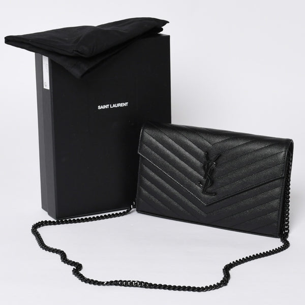 新品未使用 SAINT LAURENT PARIS サンローランパリ カサンドラ エンベロープ チェーンウォレット 377828 グレインドプードルレザー 中古 4a000428