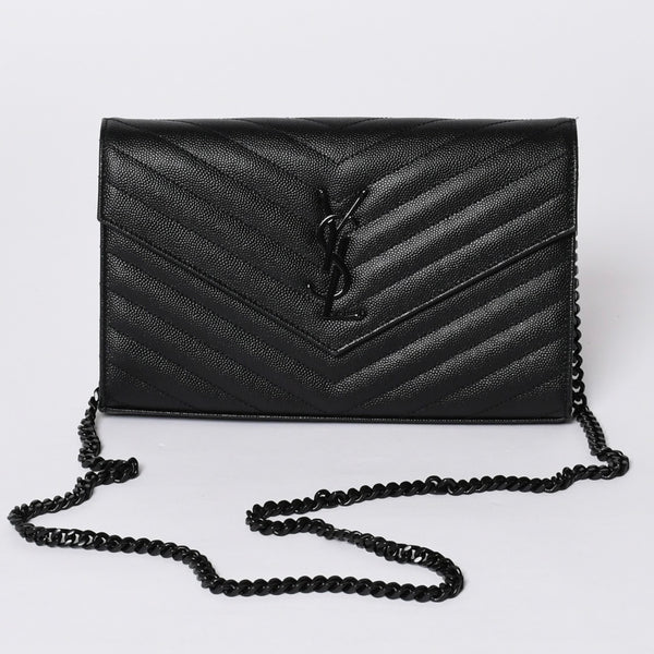 新品未使用 SAINT LAURENT PARIS サンローランパリ カサンドラ エンベロープ チェーンウォレット 377828 グレインドプードルレザー 中古 4a000428