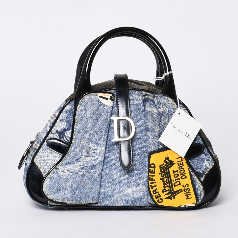 Christian Dior Double Saddle Bag BO H 0101 Denim Print Canvas Navy Good Condition Used 4a000754
