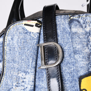 Christian Dior Double Saddle Bag BO H 0101 Denim Print Canvas Navy Good Condition Used 4a000754