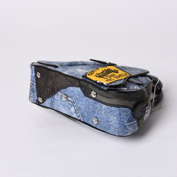 Christian Dior Double Saddle Bag BO H 0101 Denim Print Canvas Navy Good Condition Used 4a000754