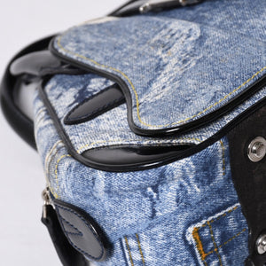 Christian Dior Double Saddle Bag BO H 0101 Denim Print Canvas Navy Good Condition Used 4a000754