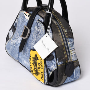 Christian Dior Double Saddle Bag BO H 0101 Denim Print Canvas Navy Good Condition Used 4a000754